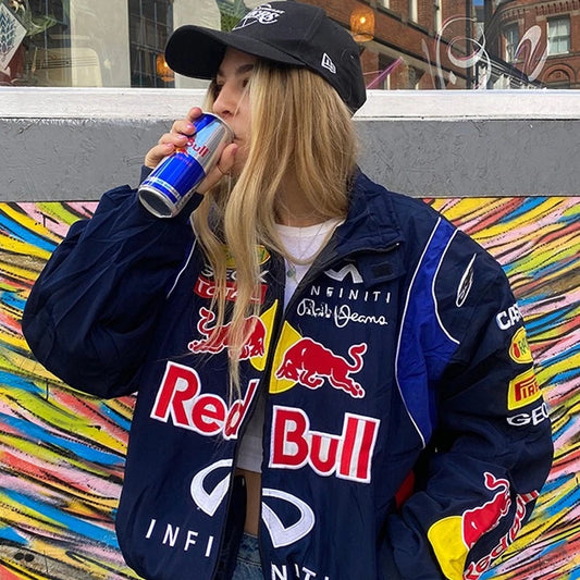 جاكيت رياضي أسود مطبوع كاجوال فضفاض بأكمام طويلة لربيع وخريف من Red Bull Racing F1 للدراجات النارية