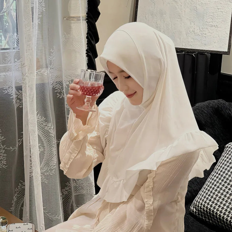 Muslim Hijab for Women Ruffle Turban Islamic Headwraps Arab Headband Big Khimar One Piece Scarf Shawl Solid Color