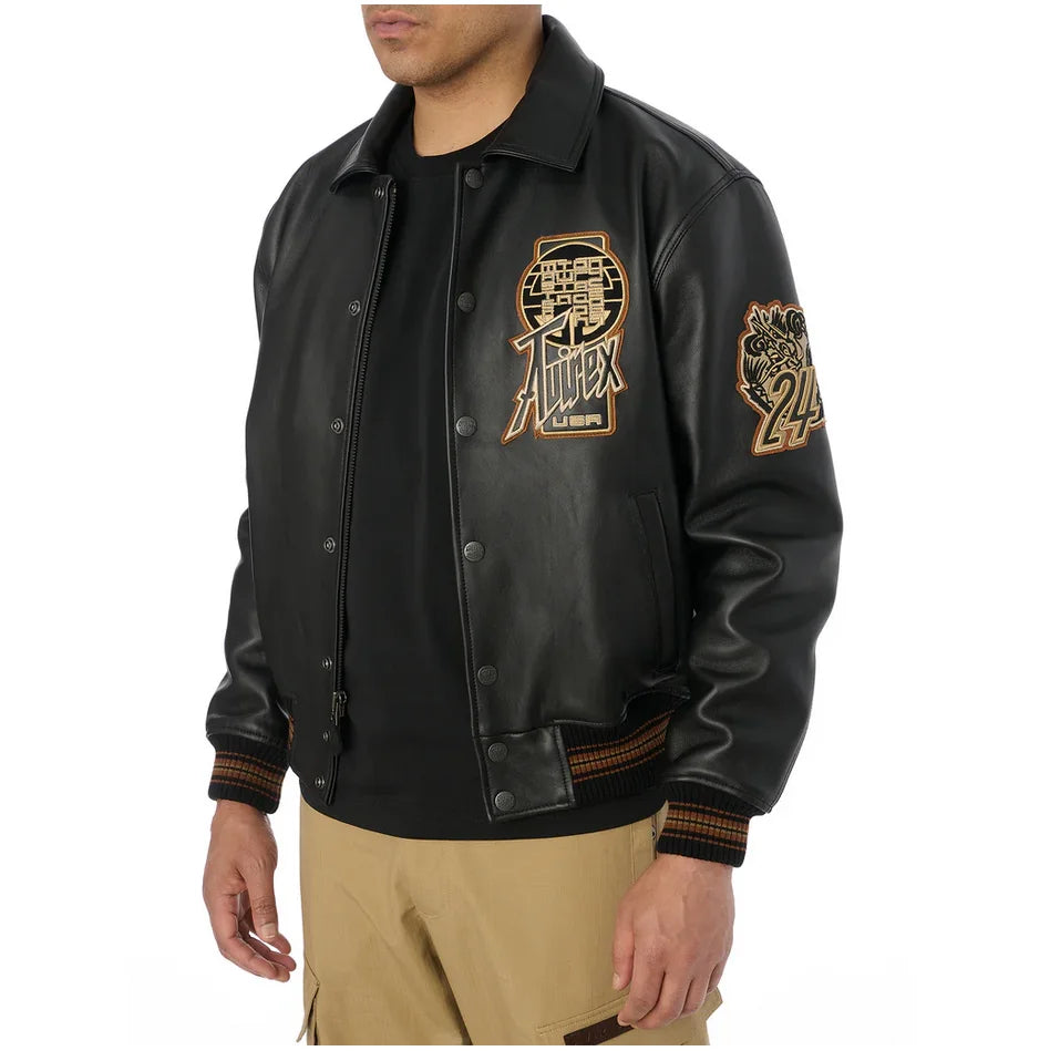 AVIREX fall new jacket men's European antique sheepskin jacket LIMITED EDITION TWIN DRAGON JACKET casual leather jacket tops