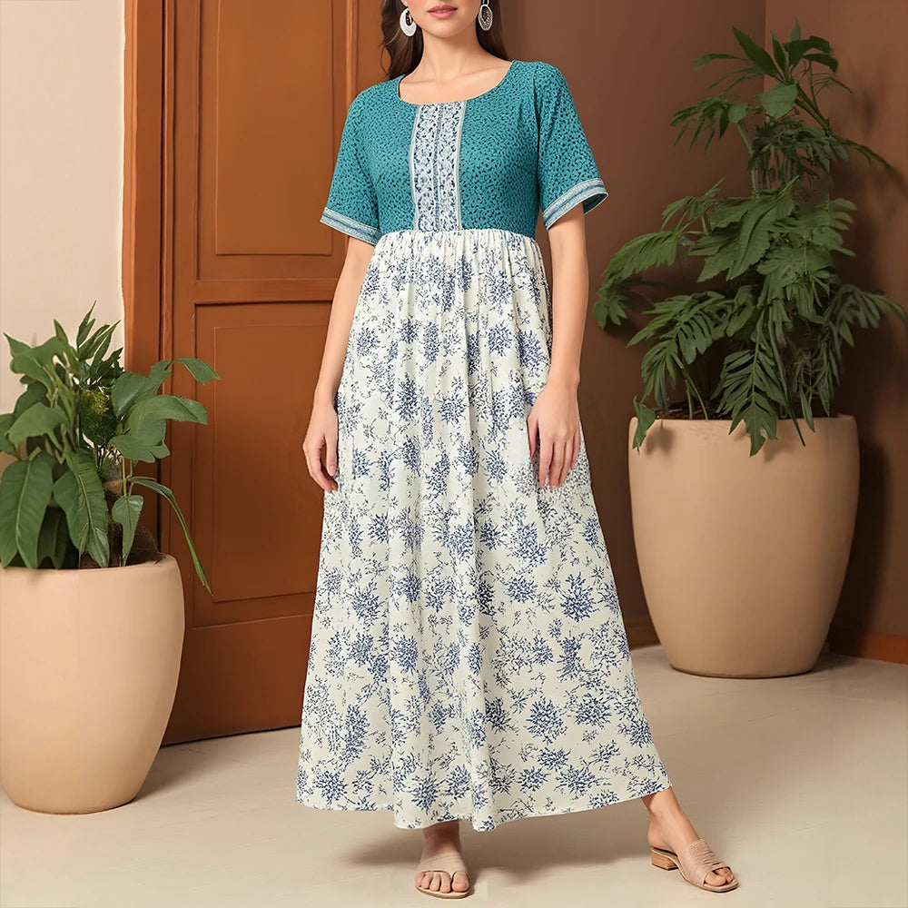 Rafiah Women's Dresses Summer Fashion Elegant 2025 Floral Cultural Short Sleeve Round Neck A-Line Midi Vacation Long Dress
