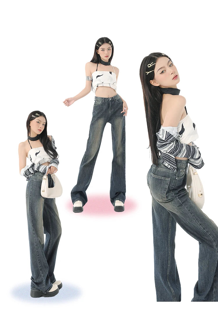Flare Jeans Pants Women Vintage Denim Ladies Jeans High Waist Fashion Pocket Trousers Wide Leg Jeans