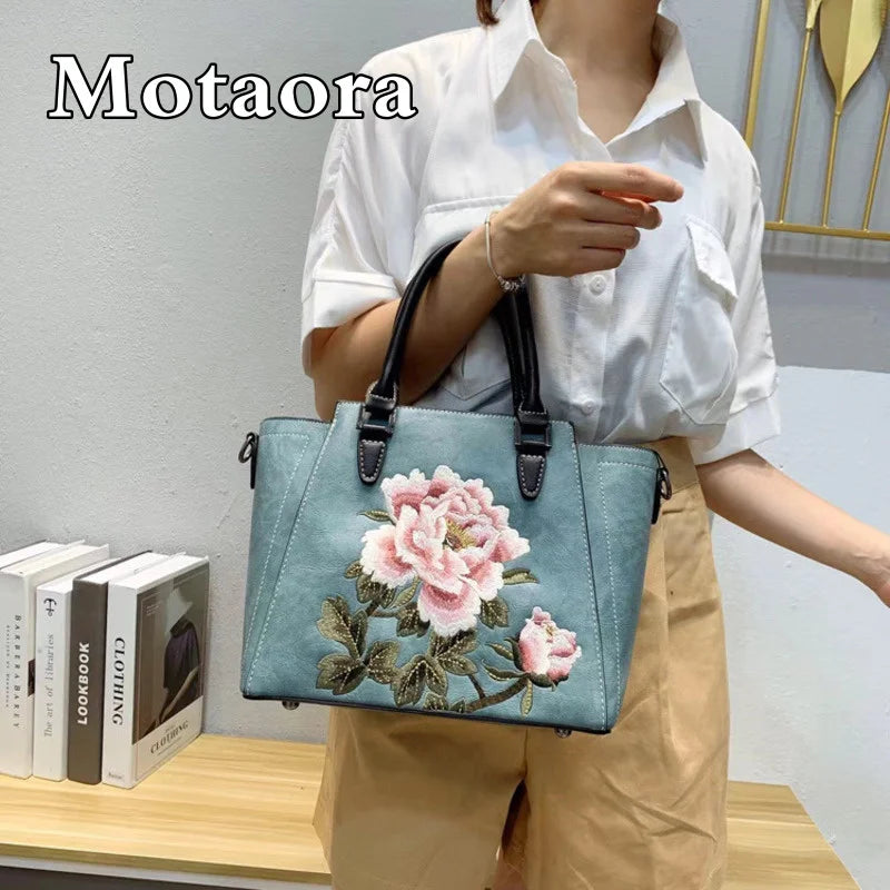 MOTAORA 2025 New Chinese Style Women's Leather Shoulder Bag | Embroidery Flower Handbag