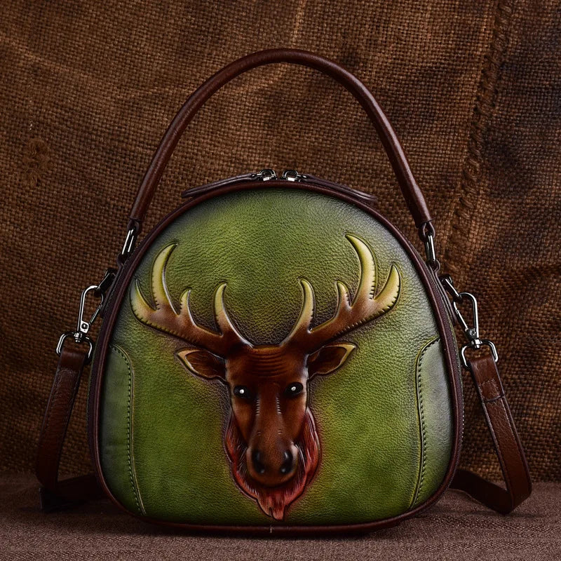 MOTAORA New Embossed Cowhide Shoulder Bag For Women Fashion Small Deer Head Crossbody Bags Chinese Style Genuine Leather Handbag