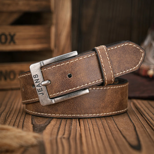 Men - Women - Western Denim - pu leather - Belt - Vintage jeans with carved buckle brown belt