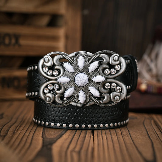 Men - Women - Western Denim - pu leather - Belt - Vintage jeans with floral carved buckle belt