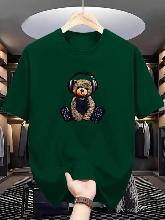 Men's Summer 100% Cotton Fashionable Casual Sports Loose Teddy Bear Headphones Print Round Neck Short Sleeve T-shirt Top