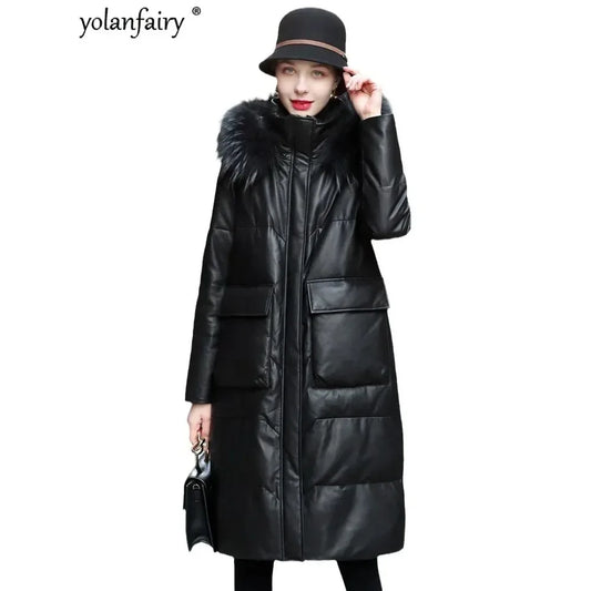 YOLANFAIRY Winter Long Coat Women's Genuine Leather Down Jacket for Women Sheepskin Coats Female Loose Versatile Fur Collar FCY