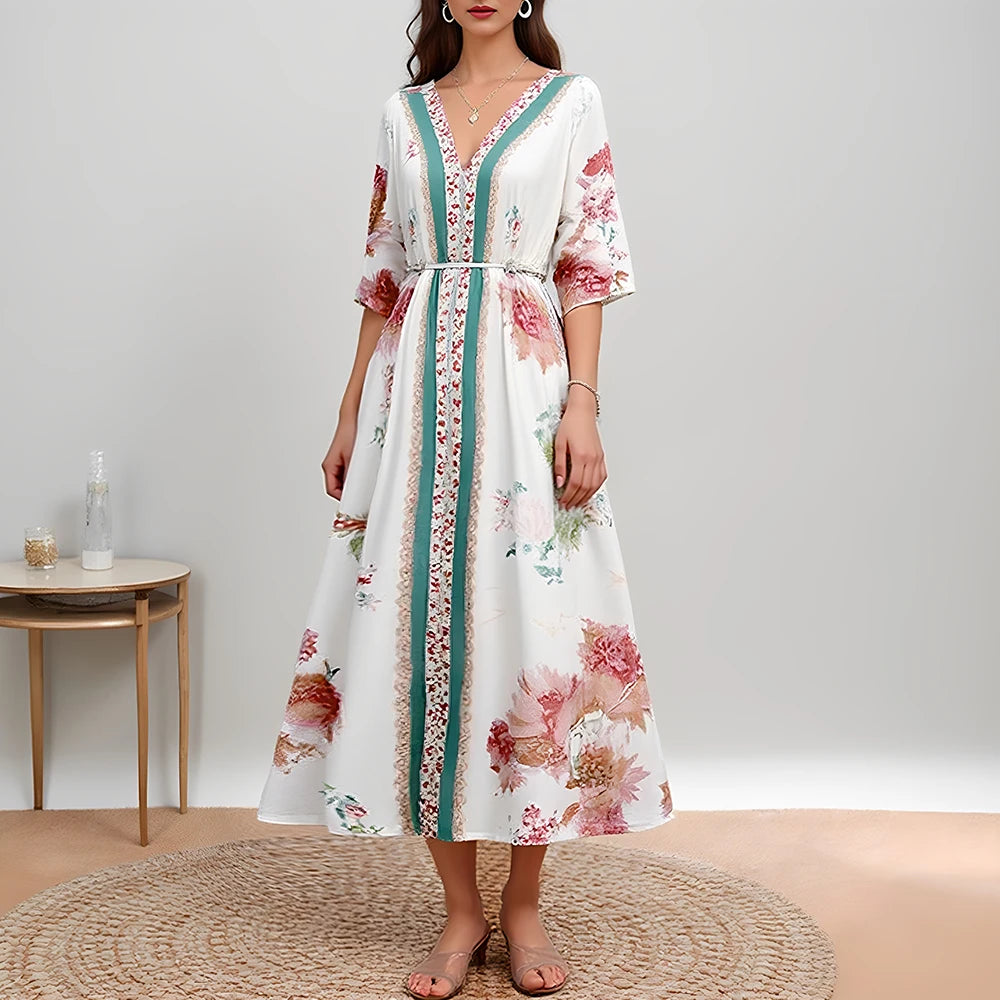 Rafiah Women's Dresses Summer Elegant Fashion 2025 Floral Intellectual Short Sleeve V-Neck A Line Midi Vacation Long Dresses
