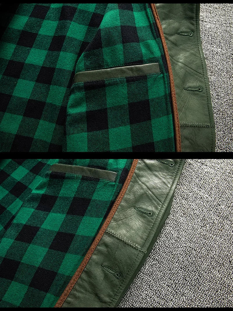 Cossack Green Fruit Leading Layer Mixed Sheepskin Leather Jacket Men's Slim Fit Leather Jacket Autumn and Winter Coat