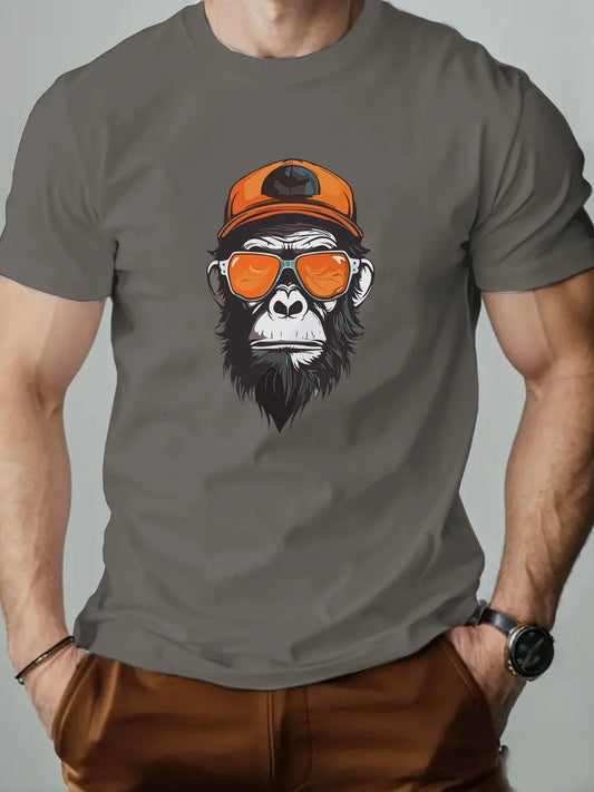 Men's summer 100% pure cotton fashionable casual sports loose monkey with sunglasses 😎 glasses  pattern printed round neck short sleeved T-shirt top