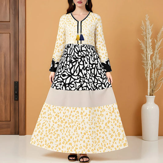 Rafiah Autumn Arabian Long Dress 2025 Modest Fashion Patchwork Long Sleeve V-Neck Midi A-Line Casual Dress For Women