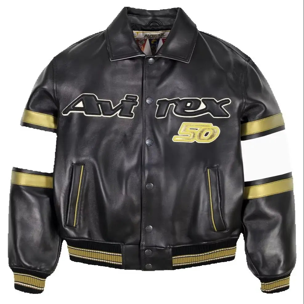 AVIREX Spring 2025 New Release Limited Edition European Sheepskin Jacket Gold Badge Embroidered 50TH ANNIVERSARY  Leather  coat