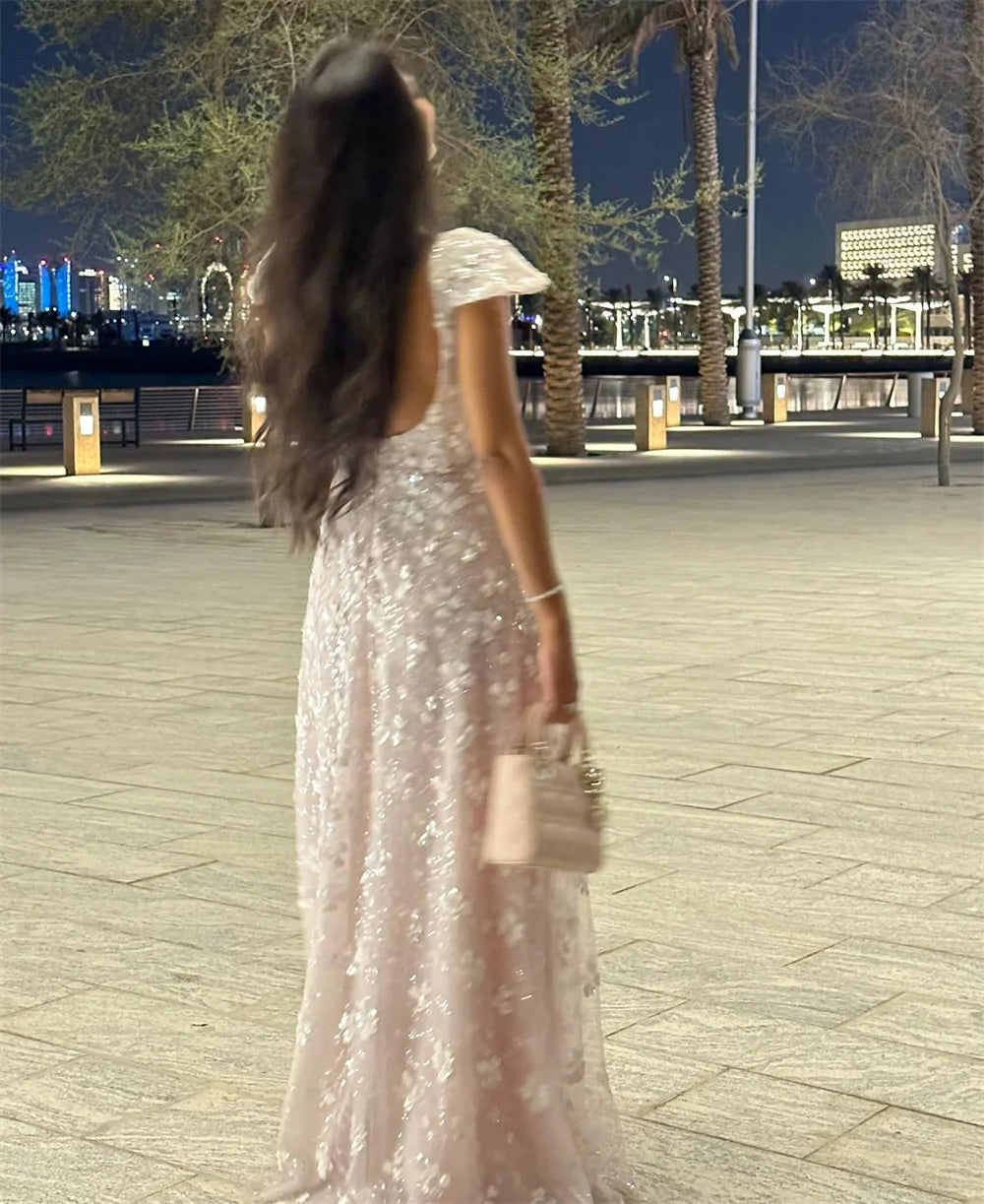 PRE ORDER Custom Made dress 20 days delivery!!! By Mila. Pink Square Collar Prom Dress Short Sleeve Backless Customized Luxurious
