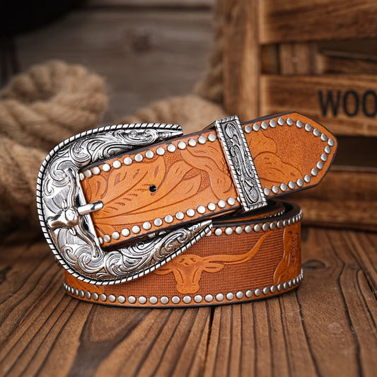 Men Women-Western-Cowboy-PU Leather-Belts - Vintage Belt Floral Engraved Buckle Belt for Jeans
