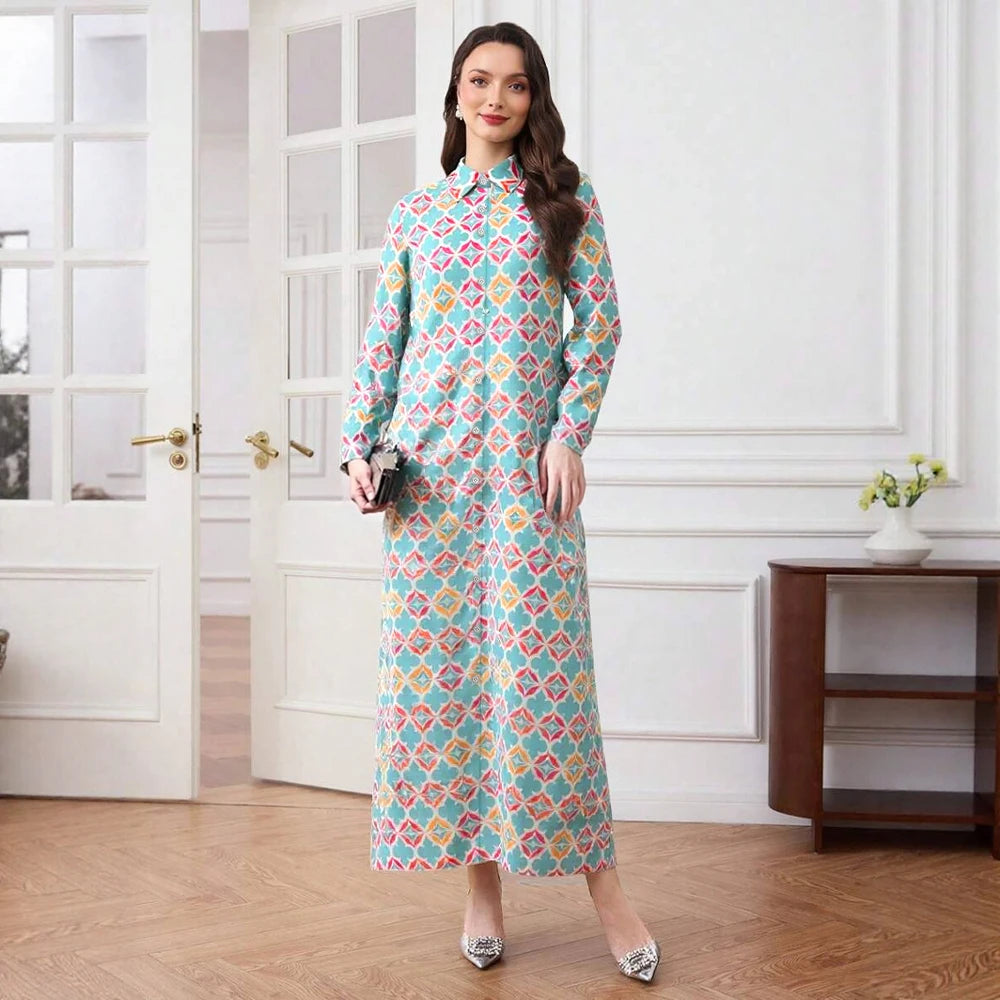 Rafiah Women's Long Dresses Summer Elegant 2025 Full Print Decent Long Sleeve Shirt Collar A-Line Midi Vacation Dresses