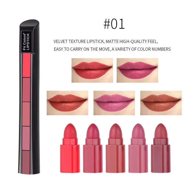 أحمر شفاه Fit Colors Matte بخمسة ألوان، مزيج من خمسة أقسام من Velvet Mist مع لون أحمر شفاه غير لاصق في كوب