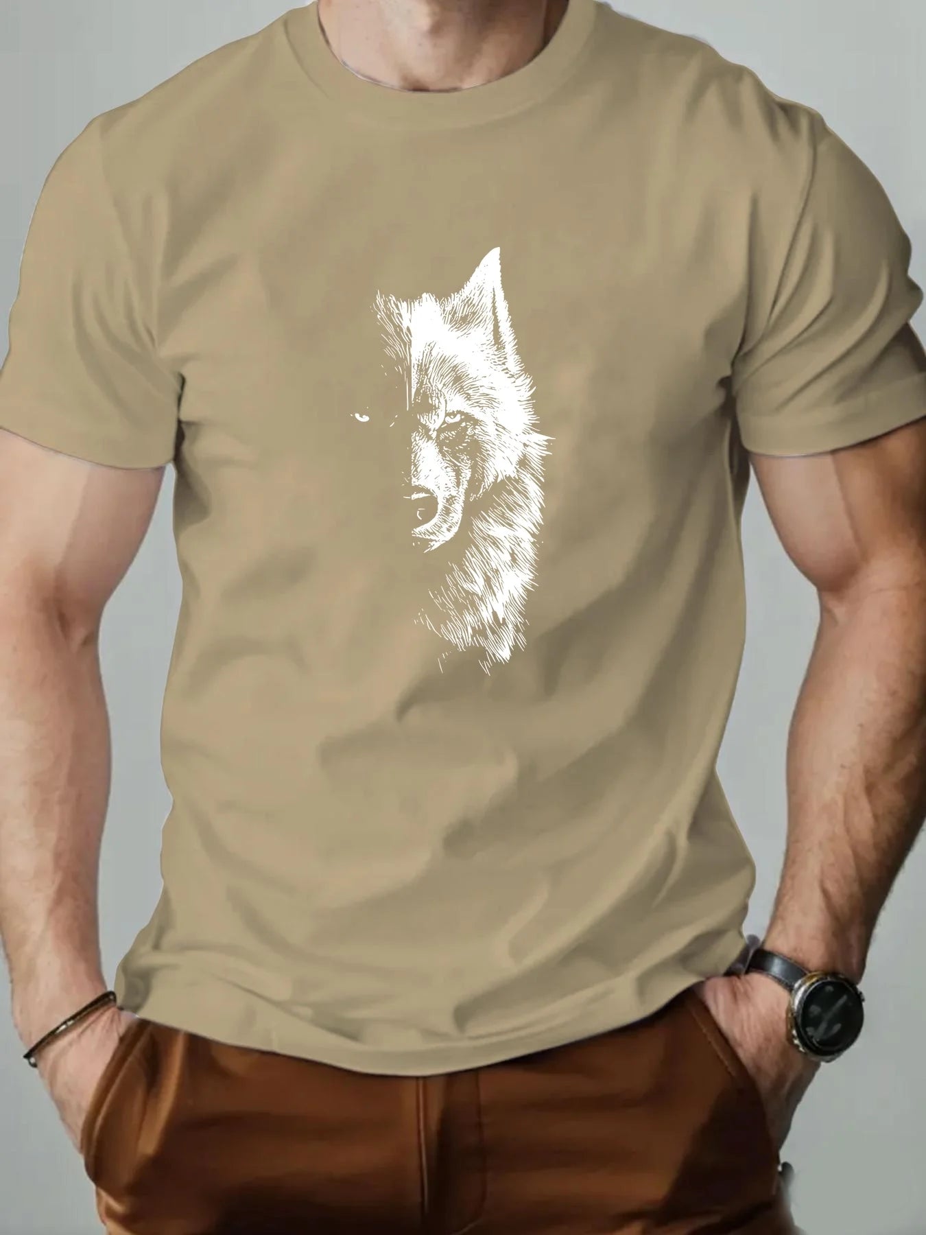 🐺 Men’s Summer 100% Cotton Casual T-Shirt,Half Wolf Pattern Print | Loose Fit | Round Neck | Breathable Comfort