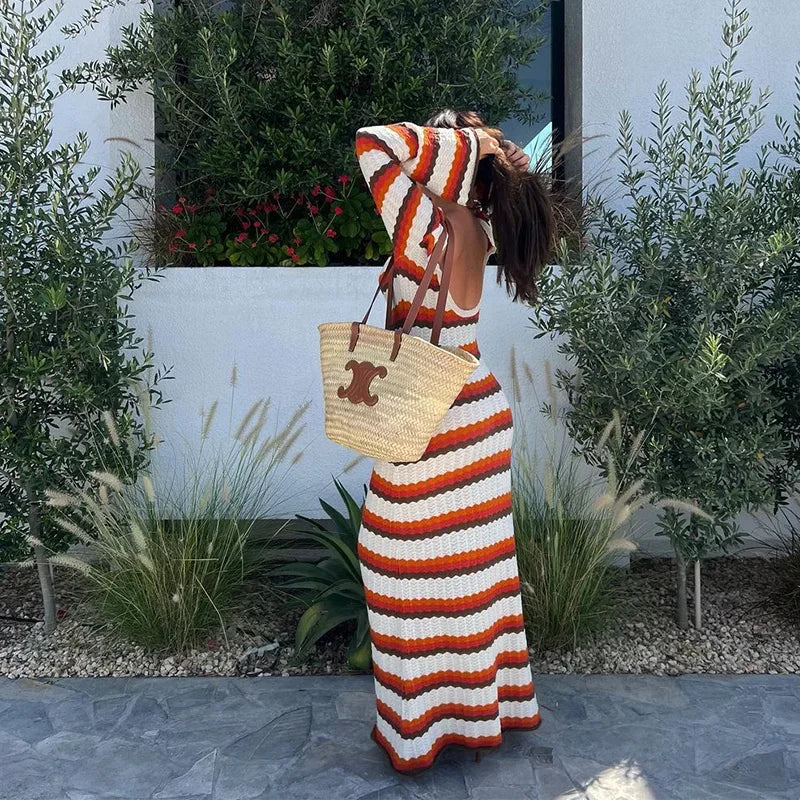 Tossy Striped Contrast Knit Maxi Dress Women Hollow Out Long Sleeve Cover up Summer Loose Ladies Dress High Waist Fashion Dress