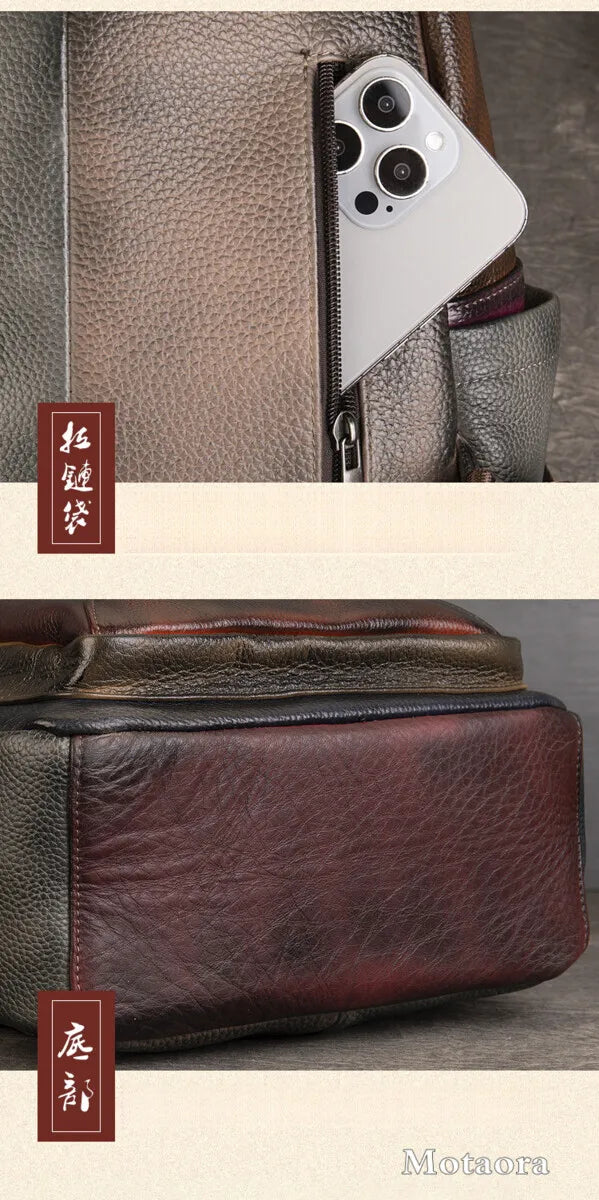 MOTAORA 2025 Soft Cowhide Leather Backpack Large Capacity Two-Tone Spliced Hand Painted College Student Travel Hiking Casual Bag