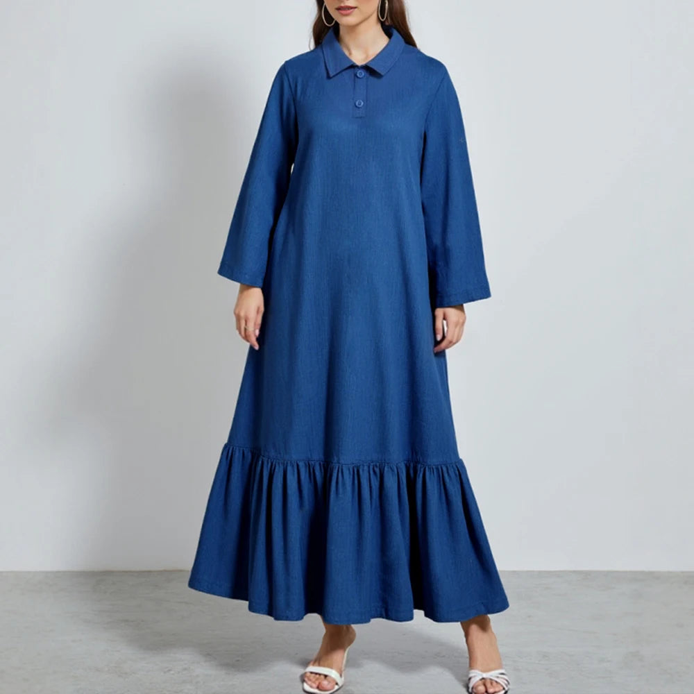 Rafiah Women's Summer Dress Simple Decent Plain Ruffle Long Sleeve Shirt Collar Midi Shirt Dresses Casual Arabian Dress