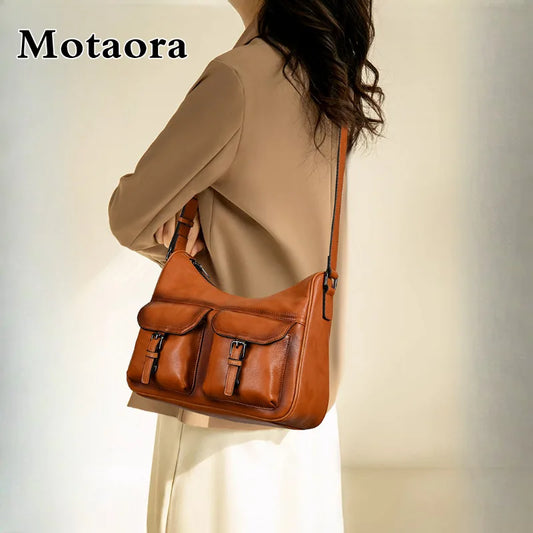 MOTAORA 2025 Vintage Genuine Leather Crossbody Bag for Women Shoulder Bag with Phone Pocket Stylish Square Handbag for Daily Use