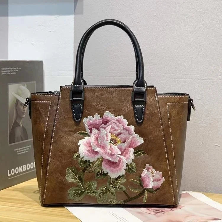 MOTAORA 2025 New Chinese Style Women's Leather Shoulder Bag | Embroidery Flower Handbag