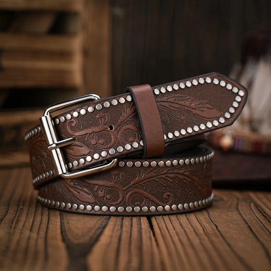 A men's and women's retro metal buckle casual style riveted brown PU belt suitable for daily business attendance four seasons