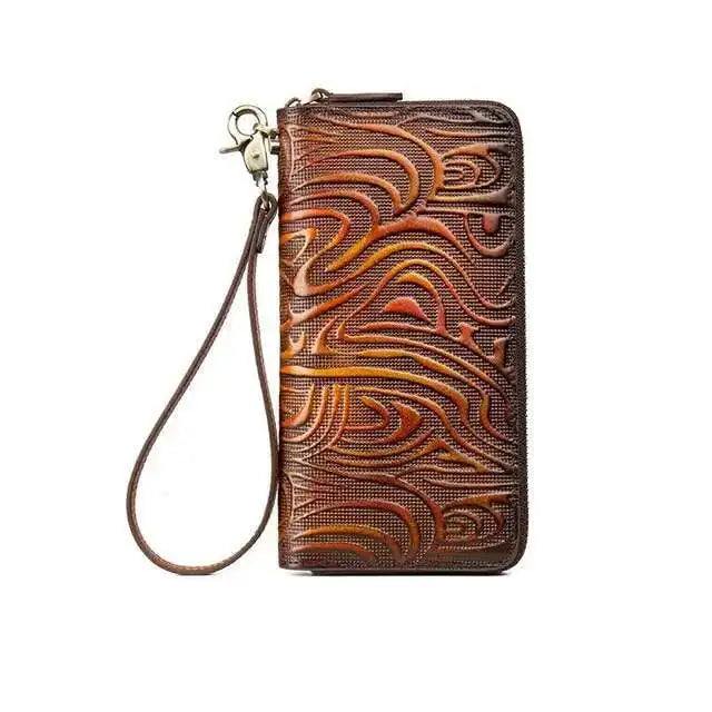 MOTAORA Women's Genuine Leather Long Wallet Retro Vintage Cowhide Bifold Card Holder Phone Purse Handmade Zipper Coin Pocket