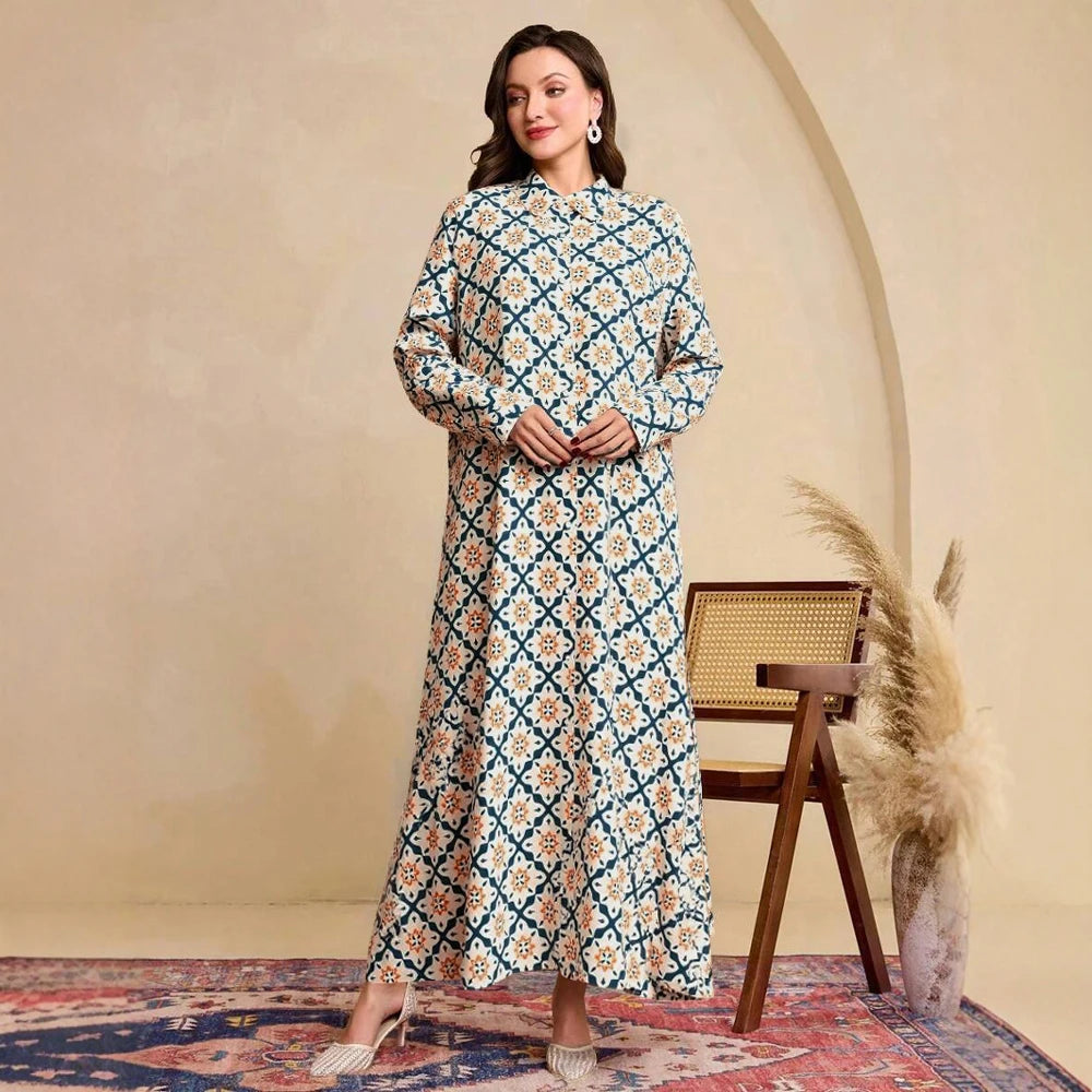 Rafiah Women's Long Dresses Summer Elegant 2025 Full Print Edgy Long Sleeve Shirt Collar A-Line Midi Vacation Dresses