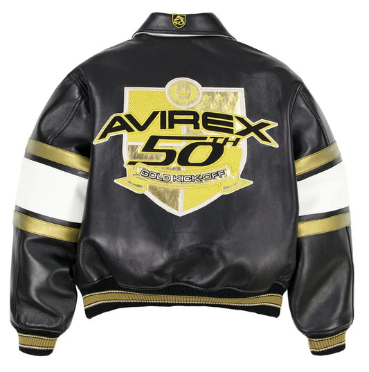 AVIREX Spring 2025 New Release Limited Edition European Sheepskin Jacket Gold Badge Embroidered 50TH ANNIVERSARY  Leather  coat
