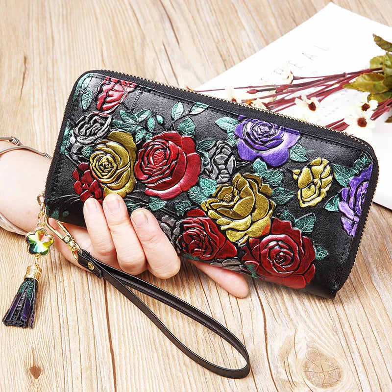 MOTAORA Retro Genuine Leather Women Wallet Large Capacity Ladies Card Holder Purse Floral Leather Wallets Long Female Coin Purse