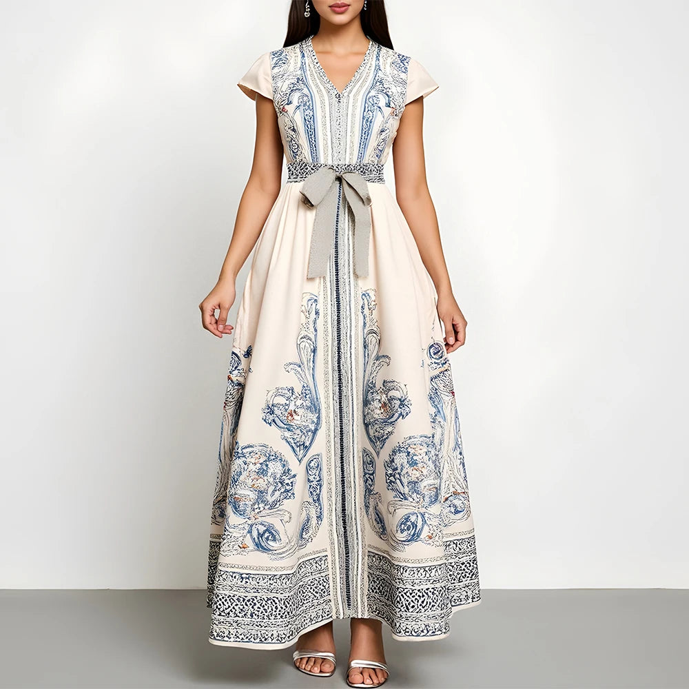 Rafiah Women's Summer Dress Modest Elegant Lace-Up Graphic Printing Cap Sleeve Sweetheart Neck Mixi Dating Arabian Dress