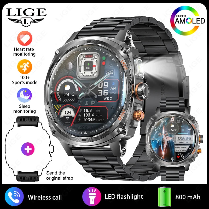LIGE Rugged Military 1.75-inch AMOLED Screen Smart Watch With LED Flashlight 800mAh Battery Bluetooth Call Smart Watch Men Gift