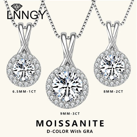 Lnngy GRA Certified D Color Moissanite Necklaces 925 Sterling Silver 1ct/2ct/3ct Moissanites Pendant Necklace for Women Jewelry
