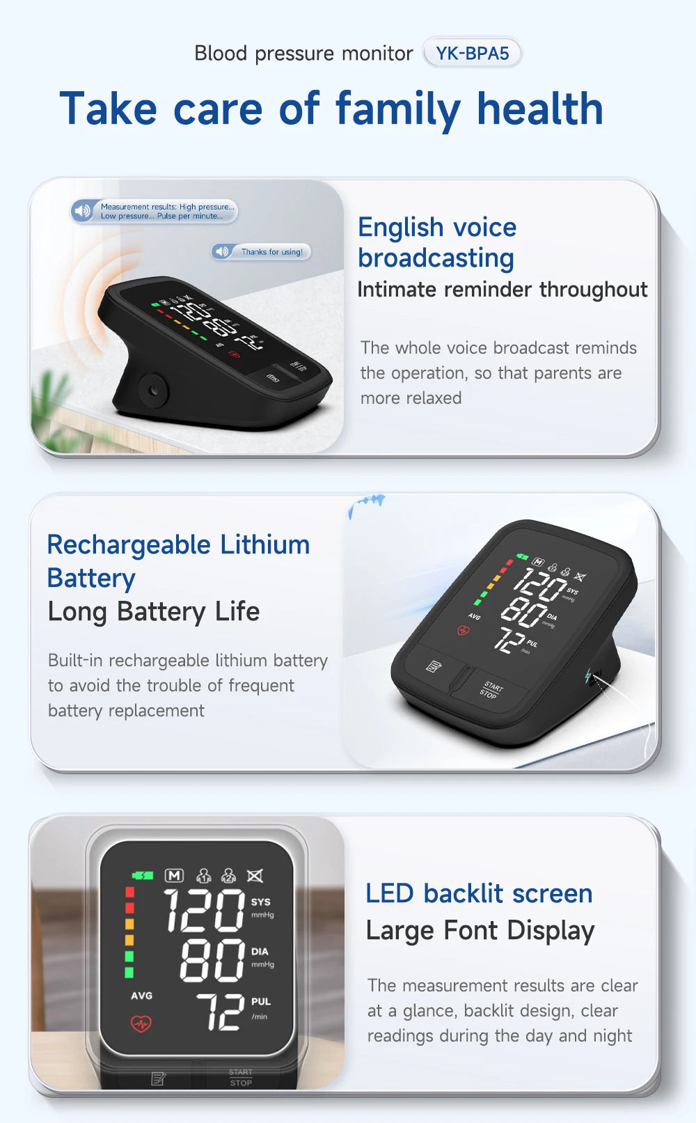 🩺 Yongrow Voice Portable Upper Arm Blood Pressure Monitor,LED Display | Rechargeable | Digital Tonometer | Voice Broadcast | Arm Sphygmomanometer