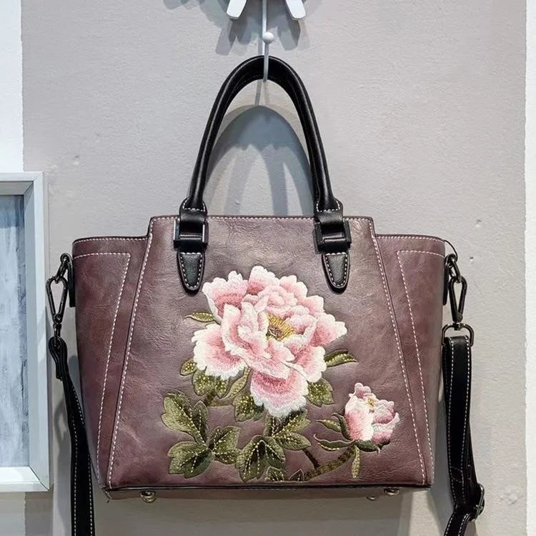 MOTAORA 2025 New Chinese Style Women's Leather Shoulder Bag | Embroidery Flower Handbag