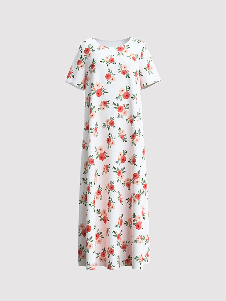 Rafiah Women's Even Dress Arabian 2025 Summer Elegant Contrast Color Full Print Short Sleeve Round-Neck Draped Long Dress
