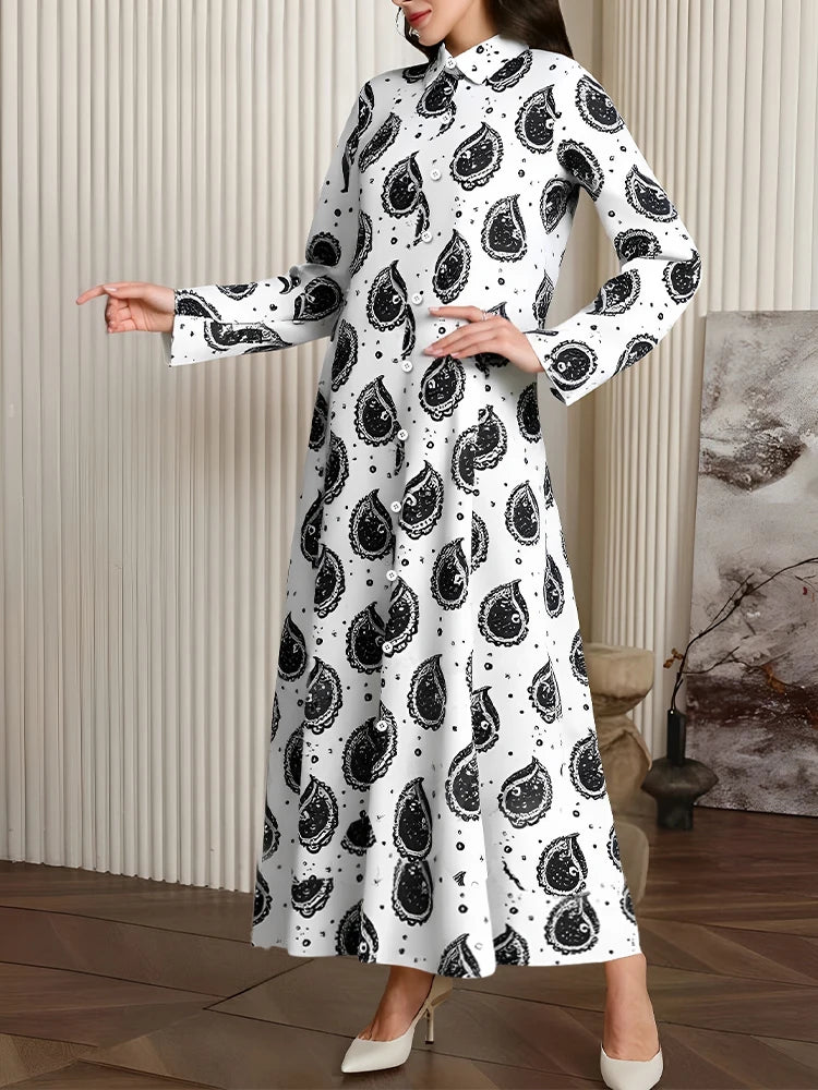 Rafiah Women's Dresses Summer Comfortable 2025 Print Modest Fashion Long Sleeve Shirt Collar A-Line Midi Vacation Long Dresses