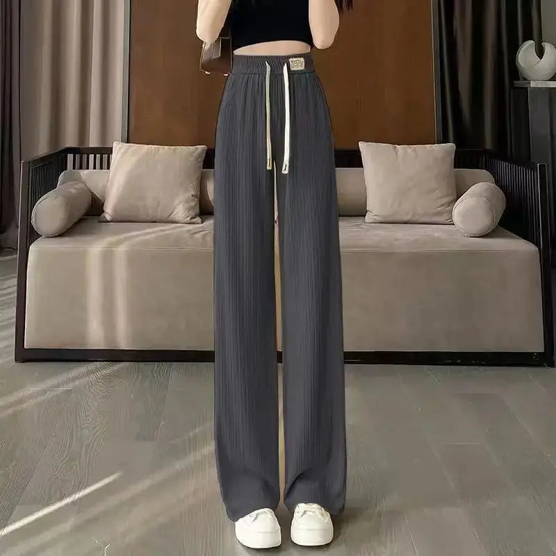 High Quali Ice Silk Wide Leg Pants Women's Straight Leg Casual Trousers Summer New Sle Trendy High Waist Nine Points