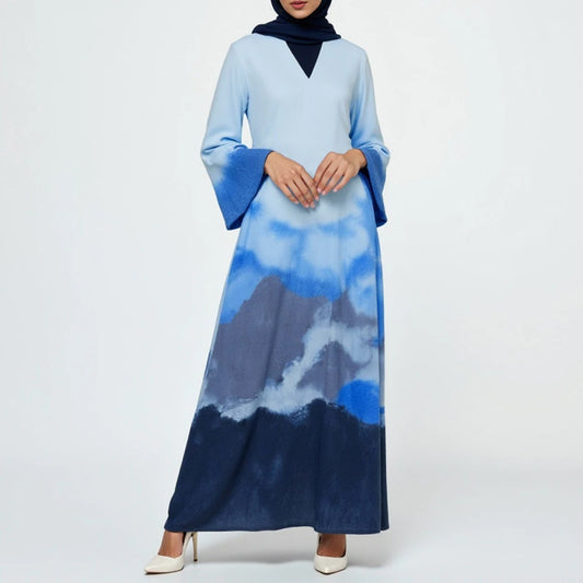 Rafiah Autumn Arabian Long Dress 2025 Chic Casual Gradient Long Sleeve V-Neck Midi A-Line Shift Dresses For Women