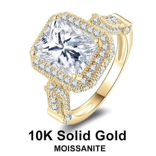 Lnngy Pure 10K Yellow Gold Wedding Bands Radiant Cut 8*10mm Moissanite Engagement Ring for Women Exquisite Finger Jewelry Gift