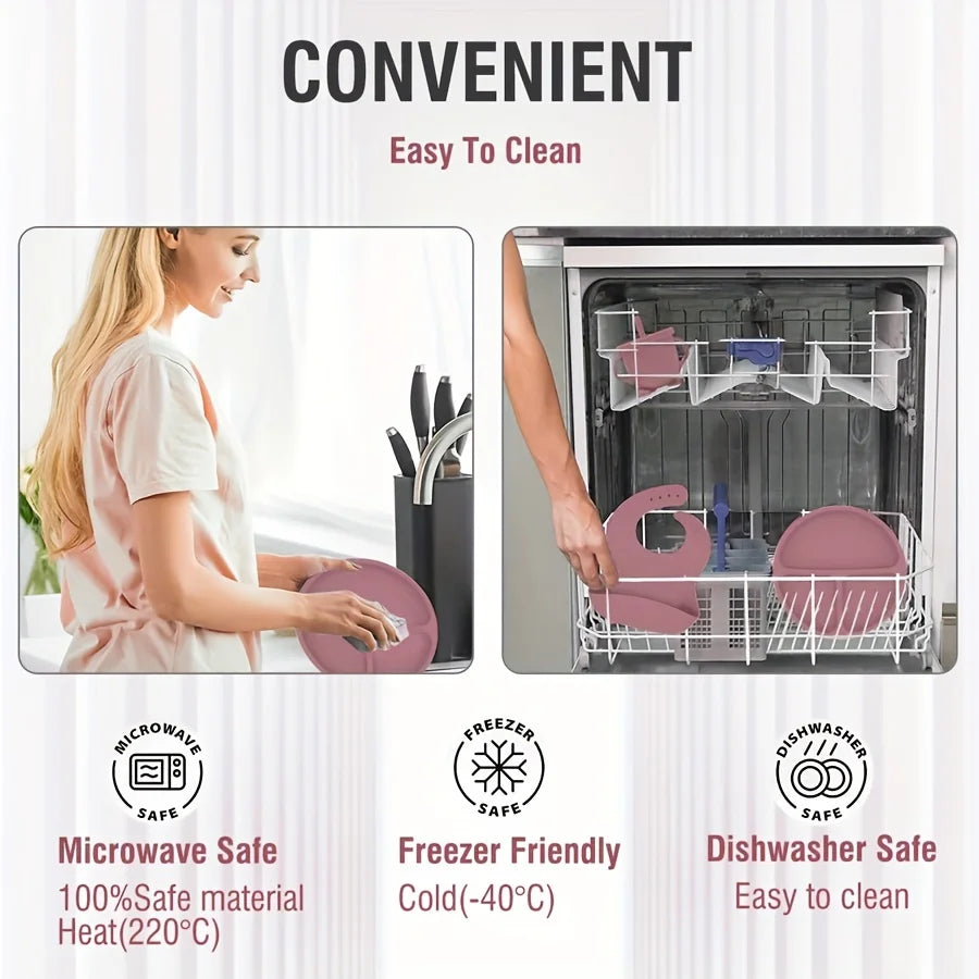 Silicone Baby Feeding Set Microwave Oven Safe for 0-3 Years Includes Suction Plate Soft Bowl Spoons Forks Bib Snack Cup