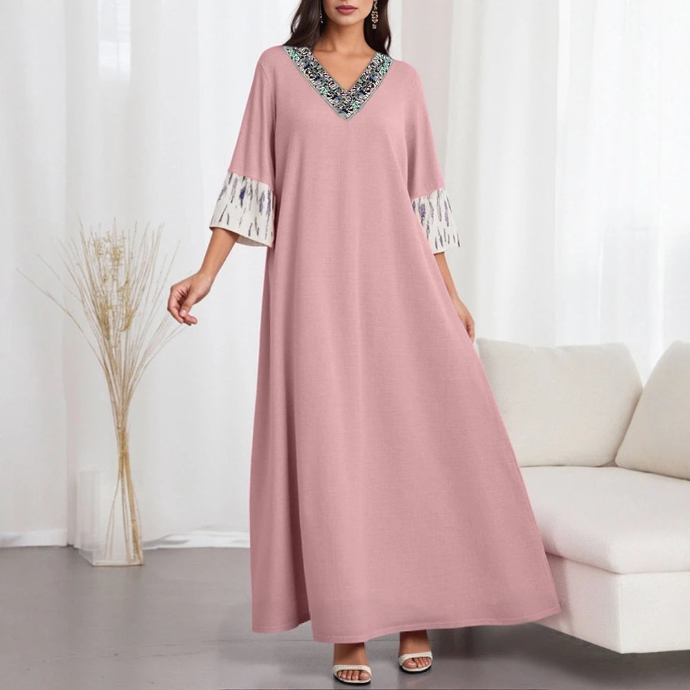 Rafiah Summer Arabian Dress 2025 Women's Decent Print Binding Short Sleeve V-Neck A-Line Daily Basic Midi Dress