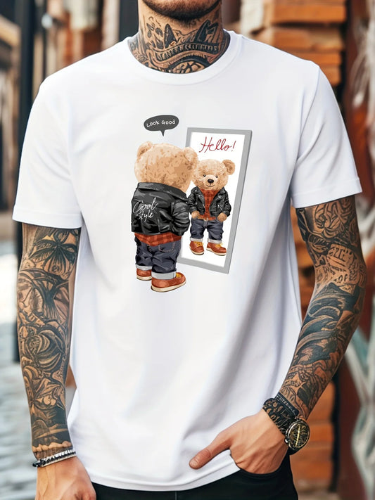 Men's Summer 100 Cotton Fashionable Casual Loose Large Cool Bear Printed Sports Round Neck Short Sleeve T-shirt Top