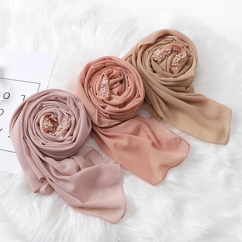 Muslim Hijab Plain Bubble Chiffon Long Scarf for Women Beading Lace Headscarf Arab Shawls African Hair Cover Wraps New Fashion