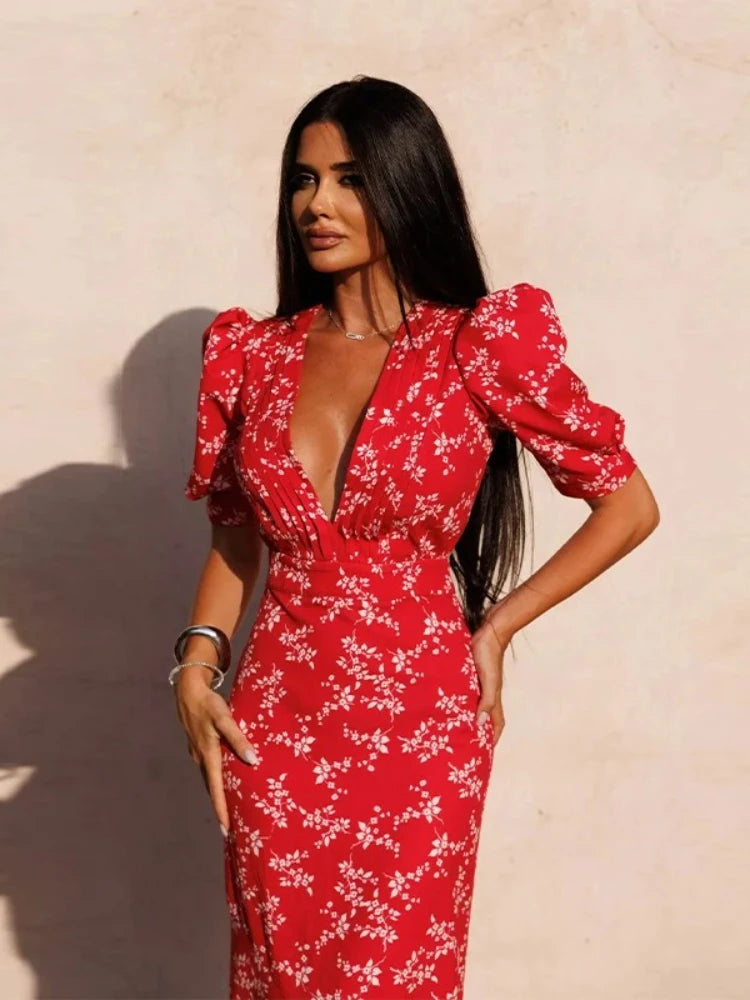 Women Sexy Patchwork Print Dress Fashion V-neck Short Puff Sleeve Hip Package Female Dresses 2025 Summer Urban Lady Robe