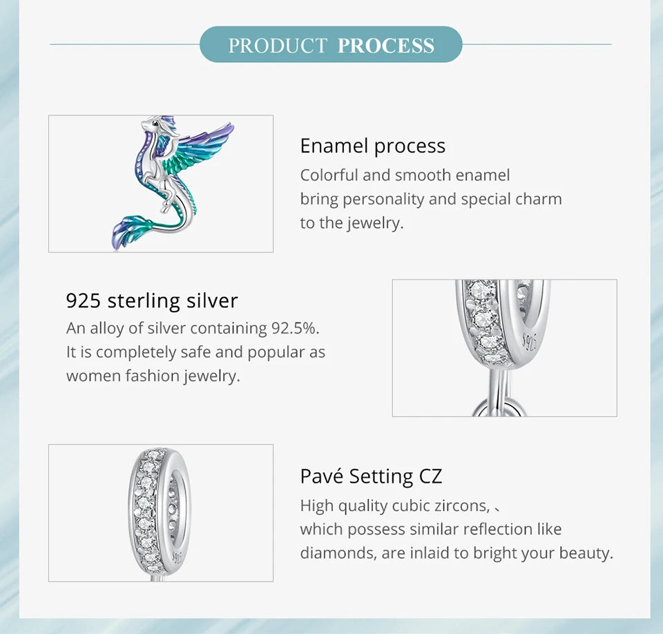 Bamoer  925 Sterling Silver Phoenix Pendant Dragon Charms Enamel Process Plated Platinuma Fit Women DIY Bracelet Fine Jewelry
