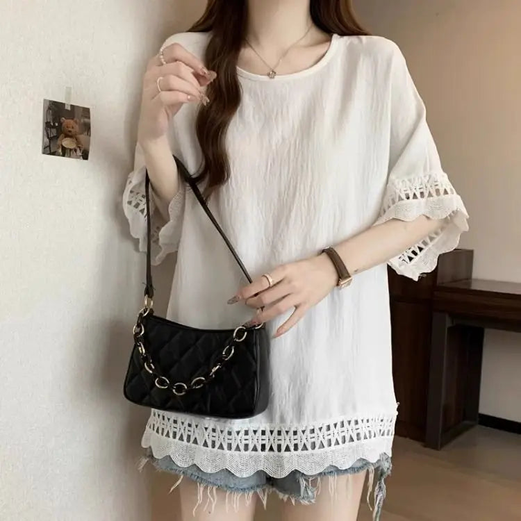 Lace Hollow out Texture ort Sve Women's T-irt Summer plus Size Conceals Belly Slimming Faionable Top Korean Sle