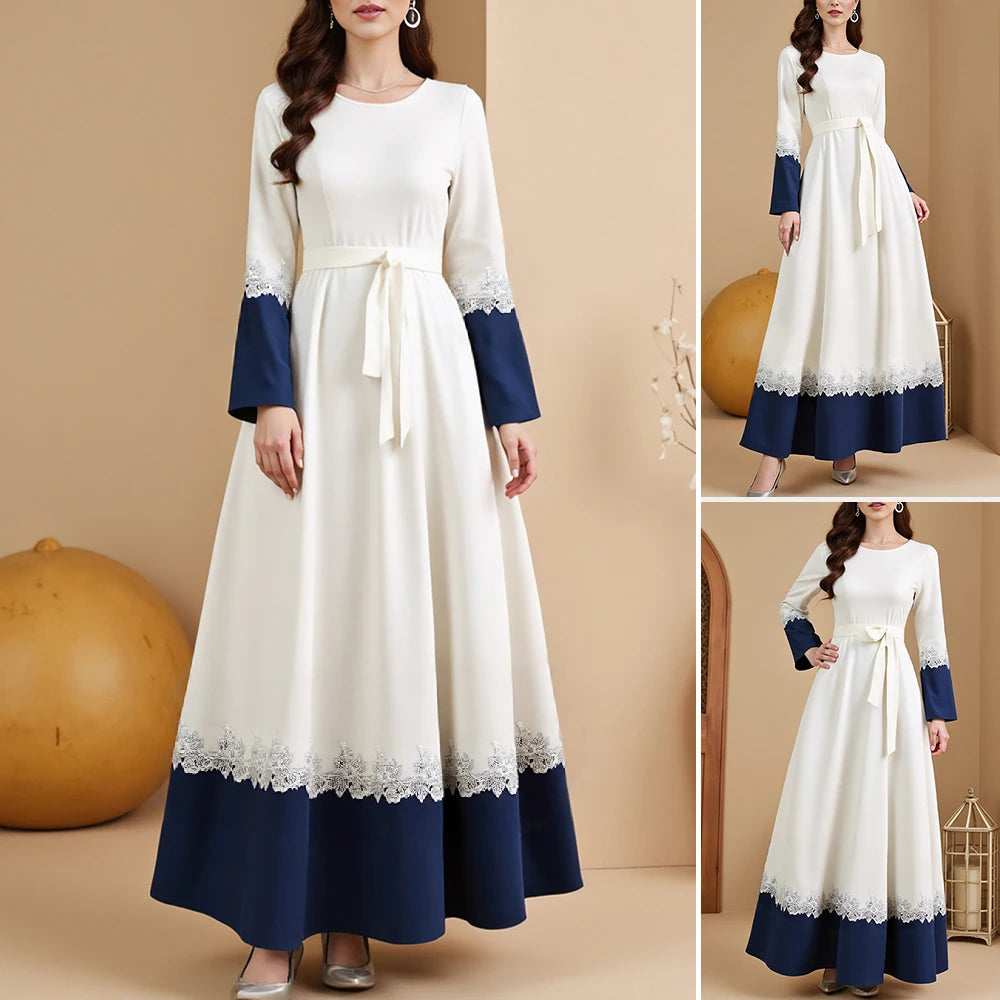 Rafiah Summer Long Dresses 2025 Casual Elegant Patchwork Lace Long Sleeve Crew Neck Midi A-Line Evening Dresses For Women