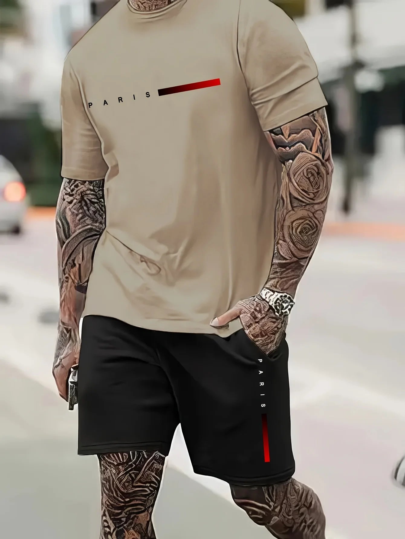 Men’s Summer Casual Two-Piece Set,Paris Letter Print | Oversized Loose Fit | T-Shirt + Shorts | Lightweight Comfort